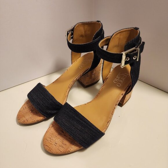 Franco Sarto Melody Blue Denim Cork Block Heel Sandals Ankle Strap Size 8 - Picture 1 of 5